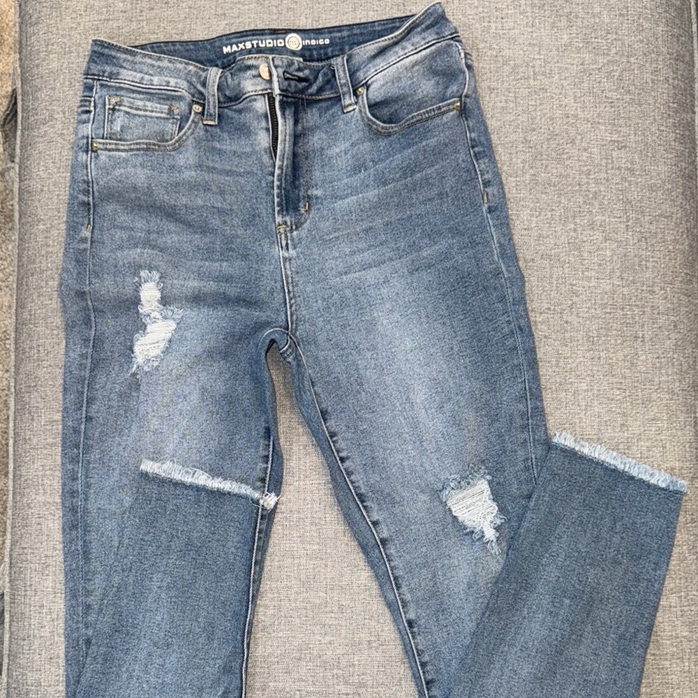Max Studio Women's High Rise Skinny Blue Distressed Jeans-12